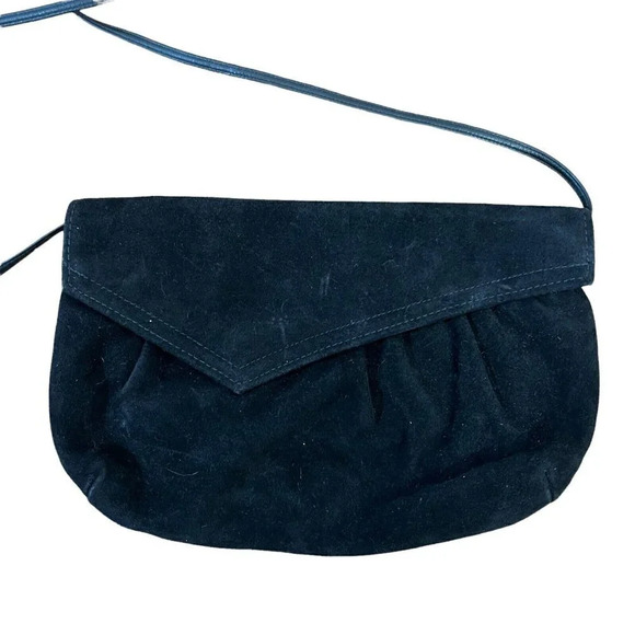 Vintage 90s Suede Purse with Thin Shoulder Strap Black 11” X 7” - Picture 1 of 6
